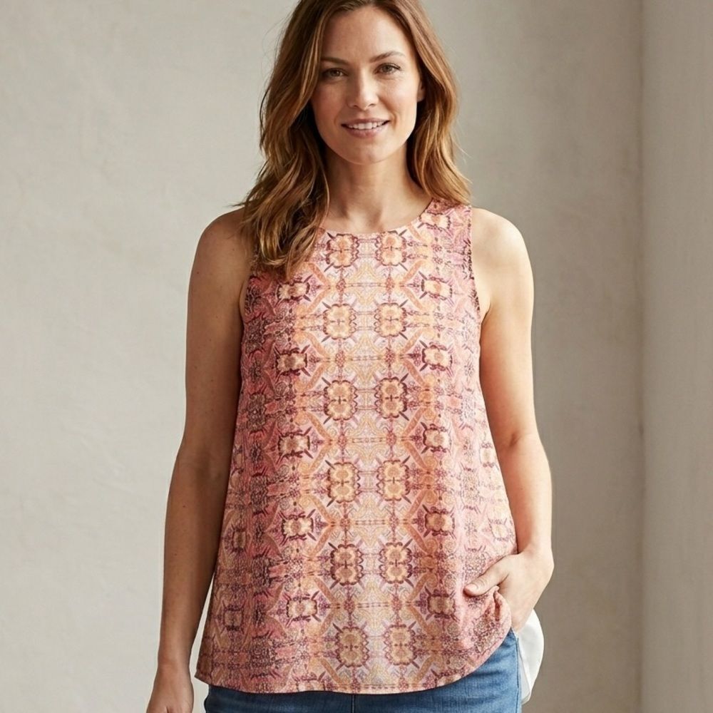 Fourteenth Place Womens Large Boho Geometric Print Tank Top Sheer Layered Back